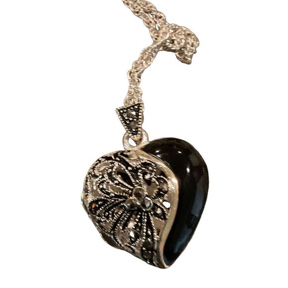 Marcasite Sterling Heart Locket Necklace - Picture 9 of 15